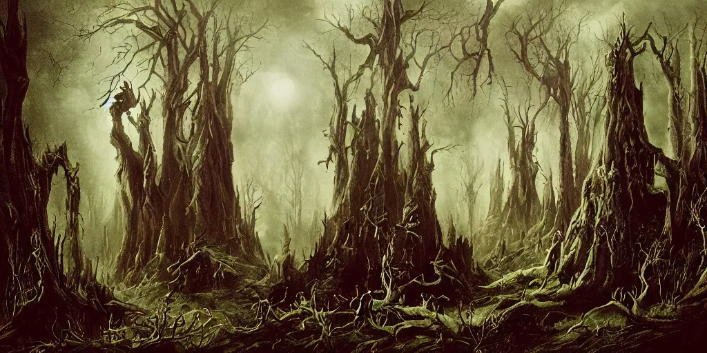 Image similar to dark gothic fantasy forest artwork by eugene von guerard