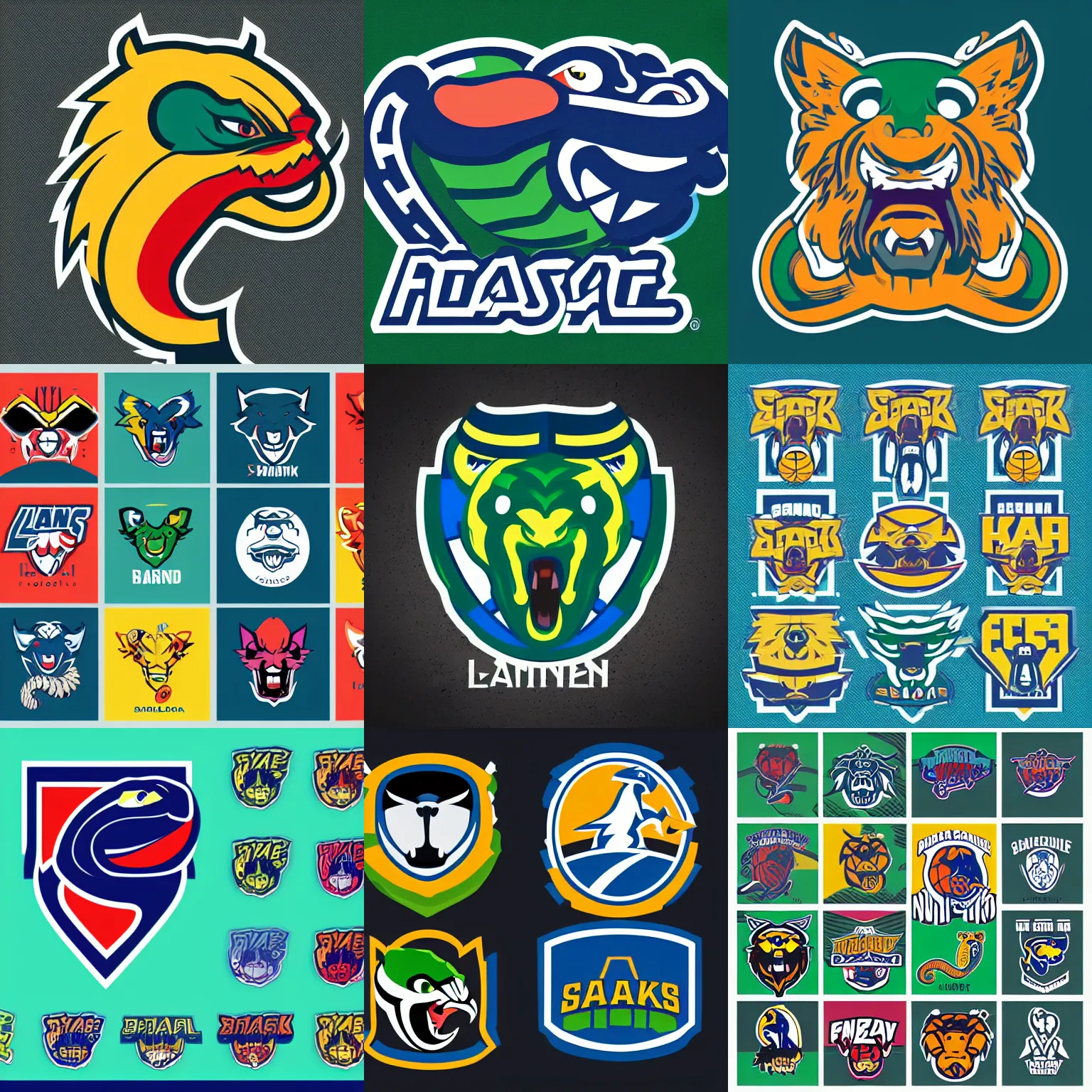 Prompt: Brand guidelines for a sports team with a snake mascot looking right, right hand side profile, brand colours are Green and blue, fierce, angry, hairy, vector, vectorised, pixel perfect, professional graphic design, NBA logo, NBA logo