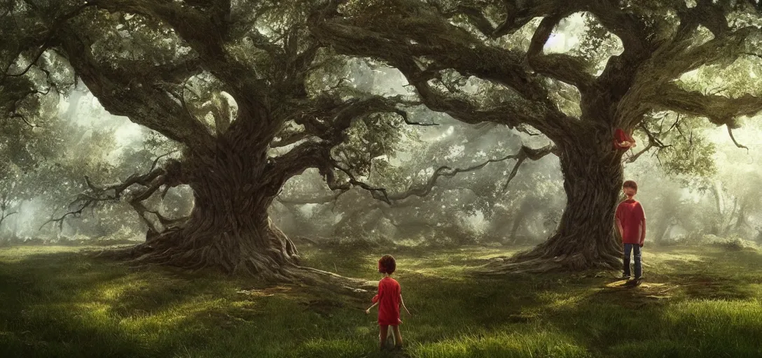 Image similar to Kid with red radioflyer standing in front of beautiful tree house in an old oak tree on a beautiful meadow with flowers, dramatic lighting, cinematic, establishing shot, extremly high detail, photo realistic, cinematic lighting, post processed, concept art, artstation, matte painting, style by eddie mendoza, raphael lacoste, alex ross