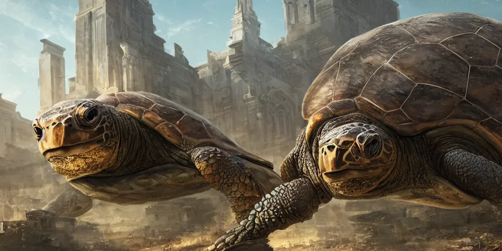 Prompt: huge ancient turtle with an abandoned city on its back, greg rutkowski, 8 k, shallow depth of field, intricate detail, concept art,