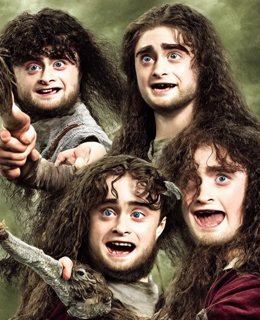 Prompt: Daniel Radcliffe as a young Hagrid Hagrid with a dragon in the background