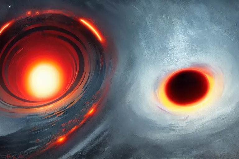 Image similar to a beautiful oil painting of the event horizon of a black hole, orange, warping, detailed, beautiful, awe - inspiring, bright, by greg rutkowski, trending on artstation