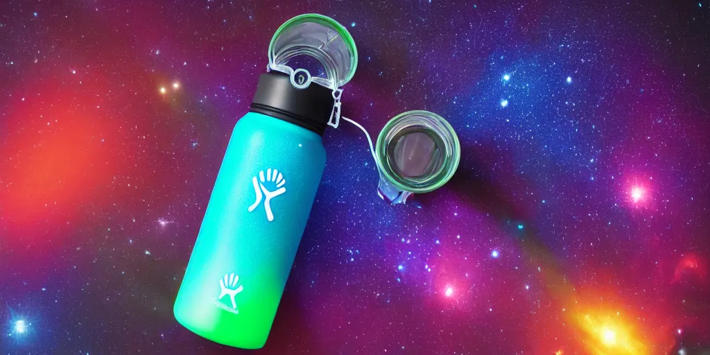 Image similar to hydro Flask, space, galaxy, glow, neon, closeup,