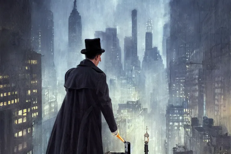 Image similar to detective wearing a trench coat in profile smoking a sherlock holmes pipe on a perch facing the city at night, smooth, focus, highly detailed, hyper realistic, dramatic lighting, intricate, concept art, new york skyline, looking down, art by wlop, greg rutowski, artstation