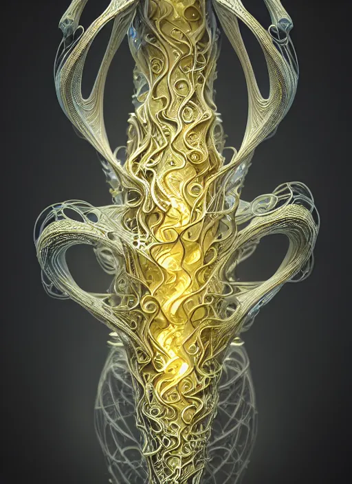 Prompt: abstract organic ornament in fluid creature, white and gold biomechanic plastic, glow lighting, fantasy, intricate, elegant, highly detailed, lifelike, photorealistic, octane render, 3d, concept art, smooth, sharp focus,