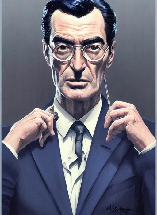 Image similar to full - length portrait of gregory peck, dressed in a navy blue suit with silver embroidered details, detailed face, fantasy, cinematic lighting, digital art painting, fine details by realistic shaded lighting poster by ilya kuvshinov katsuhiro otomo, magali villeneuve, artgerm, jeremy lipkin and michael garmash and rob rey