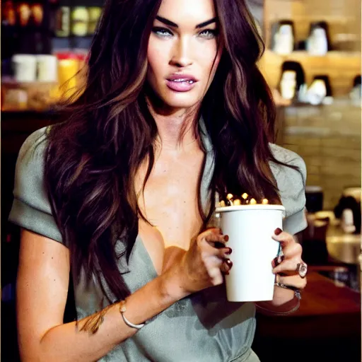 Prompt: Megan fox inside of Starbucks, vogue photograph