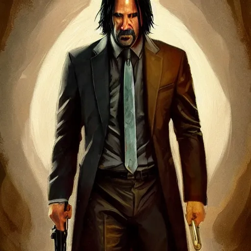 Prompt: a mind - blowing portrait of a john wick wearing a human skull, deep focus, d & d, fantasy, intricate, elegant, highly detailed, digital painting, artstation, concept art, matte, sharp, illustration, hearthstone, art by artgerm and greg rutkowski and alphonse mucha