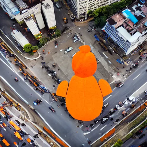 Image similar to gigantic baby wearing orange peel as a hat stands menacingly in the middle of a city, drone shot