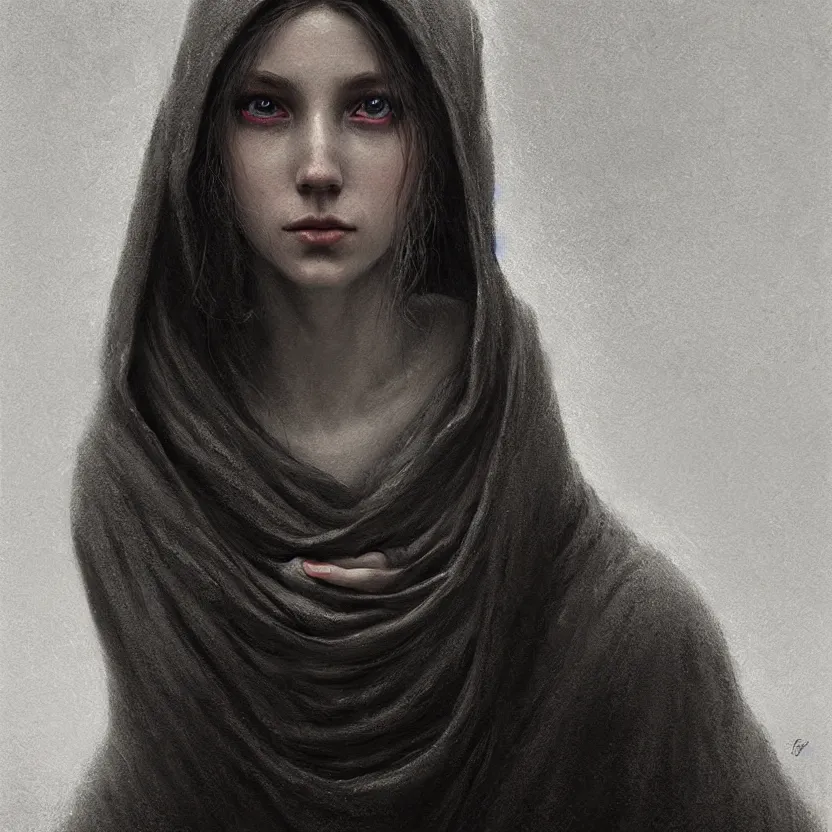 Prompt: Portrait of a young woman wearing a hooded robe, cinematic lighting, unique, intricate, elegant, highly detailed digital painting, trending on Artstation, concept art, smooth, sharp focus, illustration and art by Beksinski