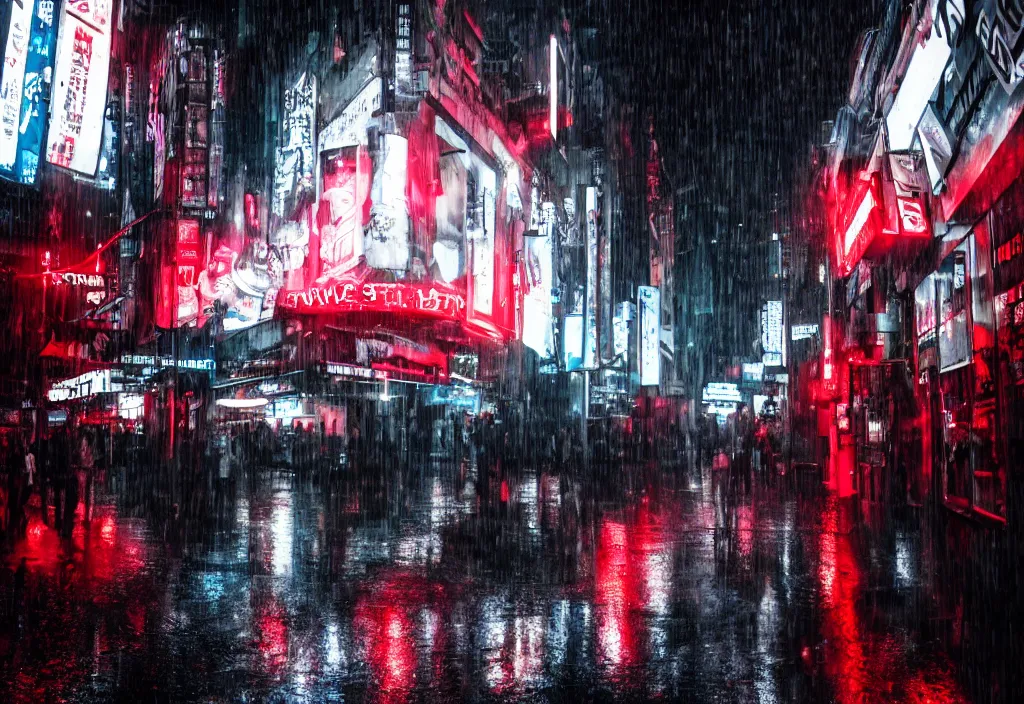 Prompt: hyperdetailed cinematic photo looking from behind at a low angle under the dim lights of screens with advertising at a sexy girl wearing a see through white tank top and red mini skirt getting soaked in the rain using a wall mounted screen interface blade runner aesthetic