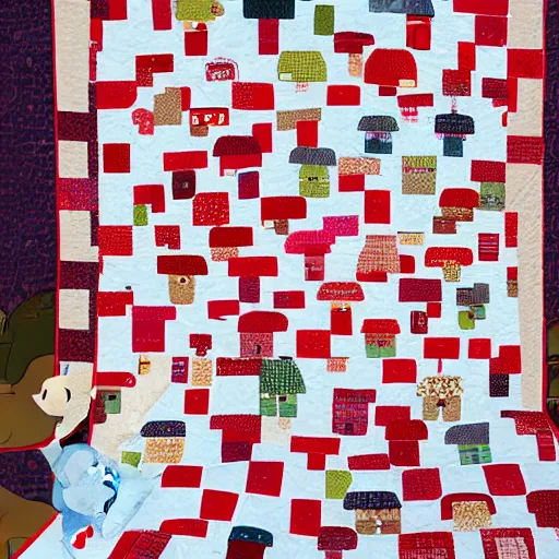 Image similar to a quilt with kirby and moomin as the pattern, realistic, product image