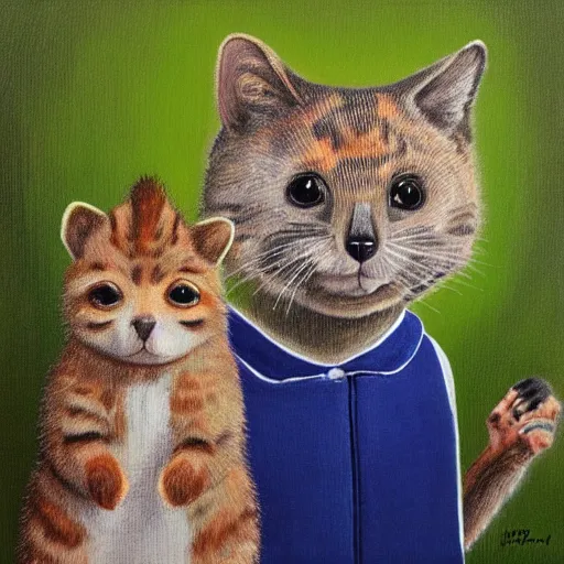 Image similar to portrait painting of cat and quokka in the style of american gothic
