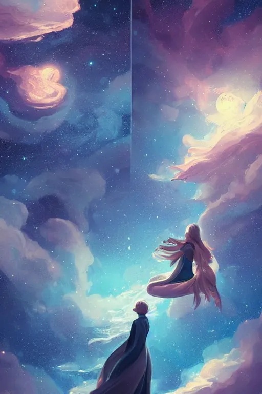 Image similar to man and woman sea and night sky with stars and galaxies, ornate detailed background, trending on artstation, by rossdraws, artgerm