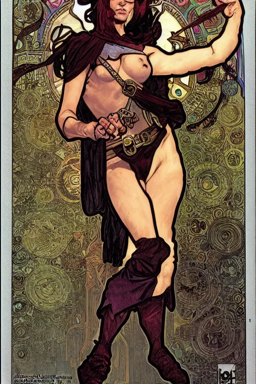 Prompt: female thief, d & d, fantasy, portrait, in travis charest and alphonse mucha