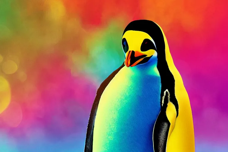 Image similar to a cinematic photo of a penguin, rainbow, lemonade, masterpiece