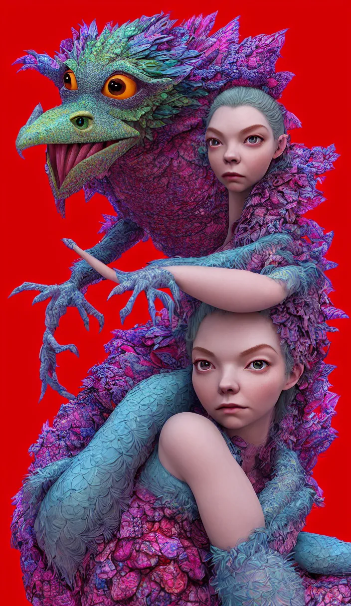 Image similar to hyper detailed 3d render like a Oil painting - kawaii portrait Aurora (a beautiful skeksis muppet fae queen from dark crystal that looks like Anya Taylor-Joy) seen red carpet photoshoot in UVIVF posing in scaly dress to Eat of the Strangling network of yellowcake aerochrome and milky Fruit and His delicate Hands hold of gossamer polyp blossoms bring iridescent fungal flowers whose spores black the foolish stars by Jacek Yerka, Ilya Kuvshinov, Mariusz Lewandowski, Houdini algorithmic generative render, Abstract brush strokes, Masterpiece, Edward Hopper and James Gilleard, Zdzislaw Beksinski, Mark Ryden, Wolfgang Lettl, hints of Yayoi Kasuma, octane render, 8k