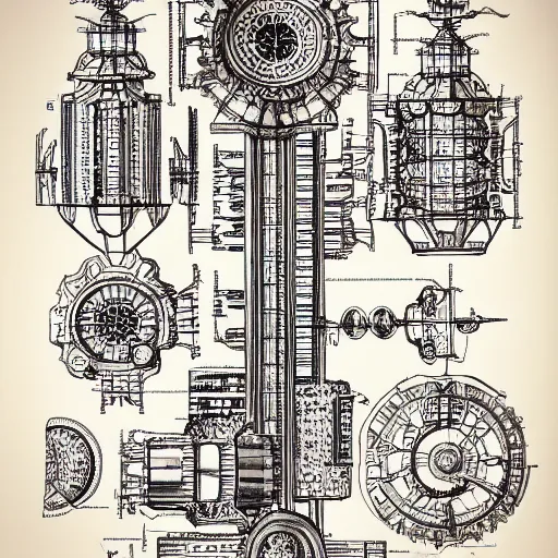 Image similar to schematic blueprint of highly detailed ornate filigreed convoluted ornamented elaborate medical equipment