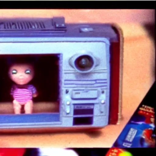 Image similar to vhs footage of an 8 0 s toy commercial of a super creepy toy