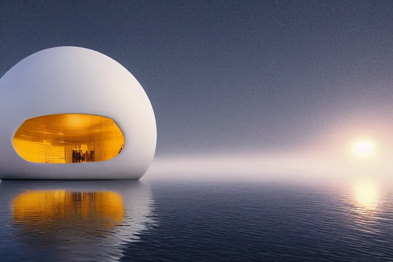 Image similar to a building formed by the intersection and fusion of many multi - white spherical and egg - shaped spaces. on the calm lake, people's perspective award winning, highly detailed 4 k art, dusk, unreal engine highly rendered, global illumination, radial light, internal environment by kazuyo sejima