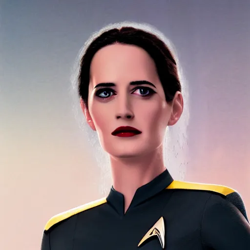 Image similar to a portrait of 3 0 year old eva green as a star fleet officer from star trek next generation, ultra rendered, extreme realism and detail, 8 k, highly detailed, realistic, completely framed, hyper realistic, colorful, direct lighting, 3 5 mm photo, photorealistic, sharp focus