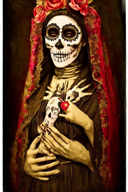 Image similar to tintype virgin mary in dia de muertos dress and make up, horrific beautiful vibe, evocative, atmospheric lighting, painted, intricate, highly detailed,