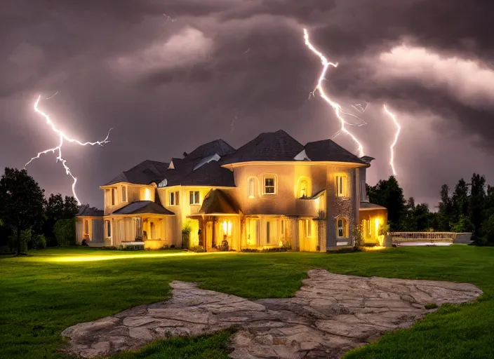 Prompt: landscape photography mansion, warm lightning, beautiful, clouds, kodachrome, 4 k, hd