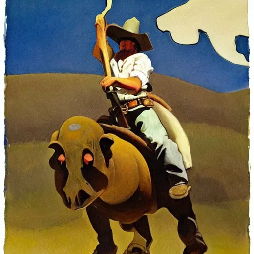 Image similar to a painting of a cowboy riding a dinosaur in the style of n. c. wyeth.