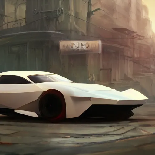 Image similar to custom car, elegant, digital painting, concept art, smooth, sharp focus, art style from Wang Ke and Greg Rutkowski and Bruce Kaiser and Scott Robertson and Dmitry Mazurkevich and Doruk Erdem and Jon Sibal, small style cue from Blade Runner and Minority Report and iRobots