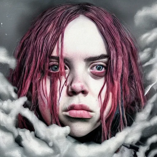 Prompt: grunge landscape painting of billie eilish by michal karcz | pennywise style