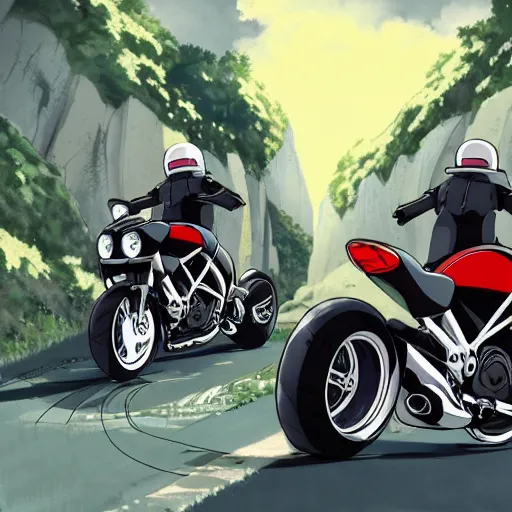 Image similar to anime art vehicle concept art, anime key visual of ducati diavel, on a country road, trending on pixiv fanbox, studio ghibli, extremely high quality artwork