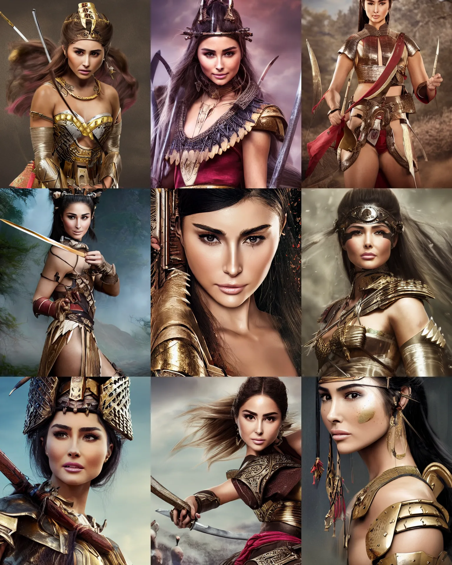 Prompt: Olivia Culpo as a warrior princess in feudal japan, background: battle scene, clear makeup, clean hair, dry skin, clear skin, airbrushed, bright eye makeup, warrior body, photo by mario testino, 8k octane render, cinematic, hyper detailed, micro details, insanely detailed, trending on artstation, concept art, Peter Paul Rubens and Peter Mohrbacher style