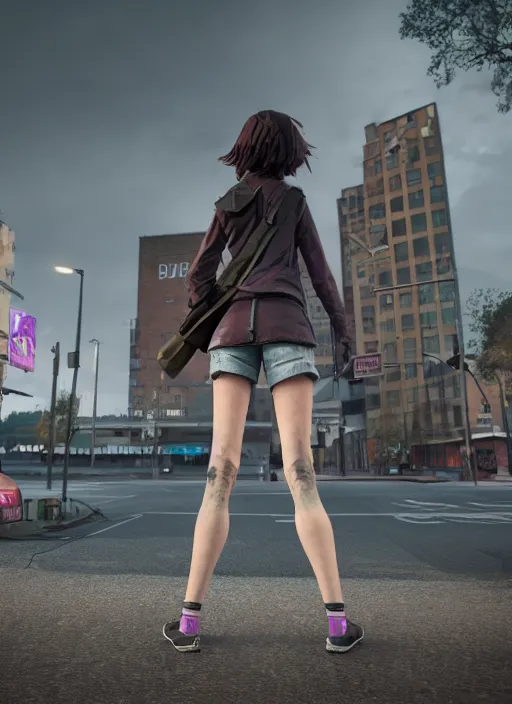 Prompt: undead girl standing on a bus stop ; unreal engine ; wide angle ; highly detailed