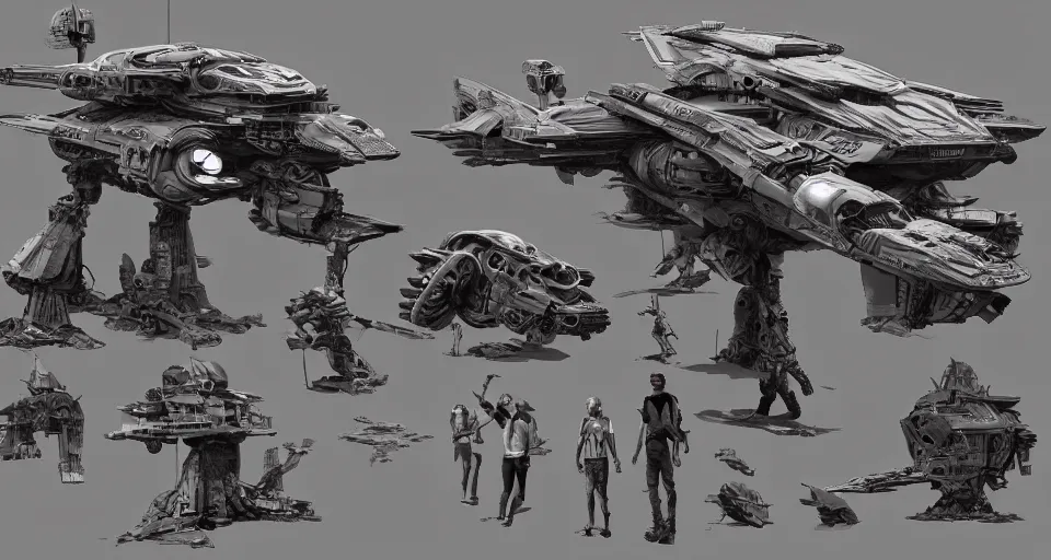 Image similar to highly detailed cinematic syd mead scifi render of 3 d sculpt of post apocalyptic spaceship, sparth, scott robertson, guardians of the galaxy, star wars, maschinen krieger, raphael lecoste