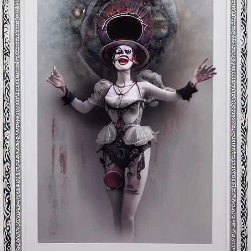 Prompt: By Tom Bagshaw, ultra realist soft painting of a curiosities carnival by night, Female steampunk Clown smiling long tongue dirty teeth and dressed, horror, omnious sky, symmetry accurate features, very intricate details, black and white, volumetric light clouds