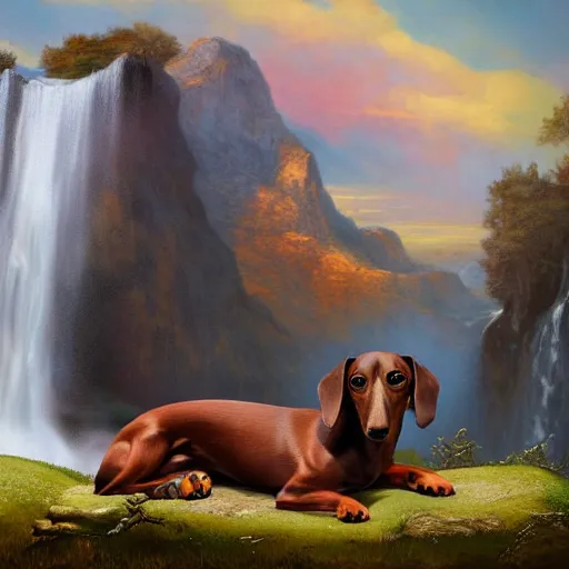 Prompt: black and brown dachshund sitting on top of a hill, waterfall in background, matte painting, cartoon, historical painting, framed