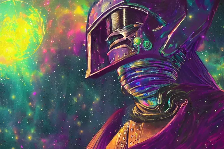 Image similar to digital art of a spiritual medieval knight looking up at the stars, acrylic art, universe, painting, pastel colors, synthwave, retro, cyberpunk,