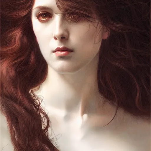 Prompt: beautiful striking Pre-Raphaelite Elvira by Artgerm and Greg Rutkowski, pale, intricate, elegant, highly detailed, digital painting