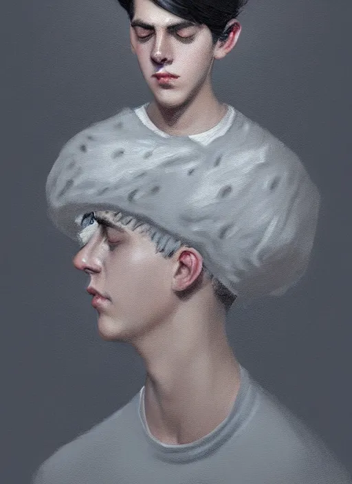 Image similar to portrait of teenage jughead jones wearing a light grey crown, photorealistic, crown, eyes closed, crown, black hair, intricate, elegant, glowing lights, highly detailed, digital painting, artstation, concept art, smooth, sharp focus, illustration, art by wlop, mars ravelo and greg rutkowski