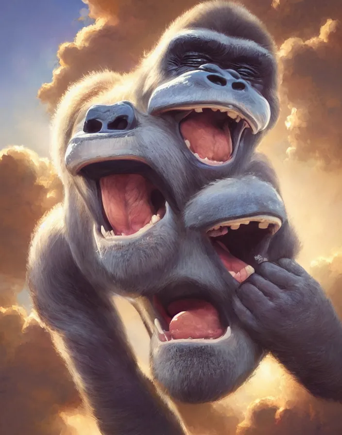 Image similar to a photo of harambe laughing at us from heaven, artstation, by nick silva and RHADS, intricate, elegant, highly detailed, digital painting, smooth, sharp focus