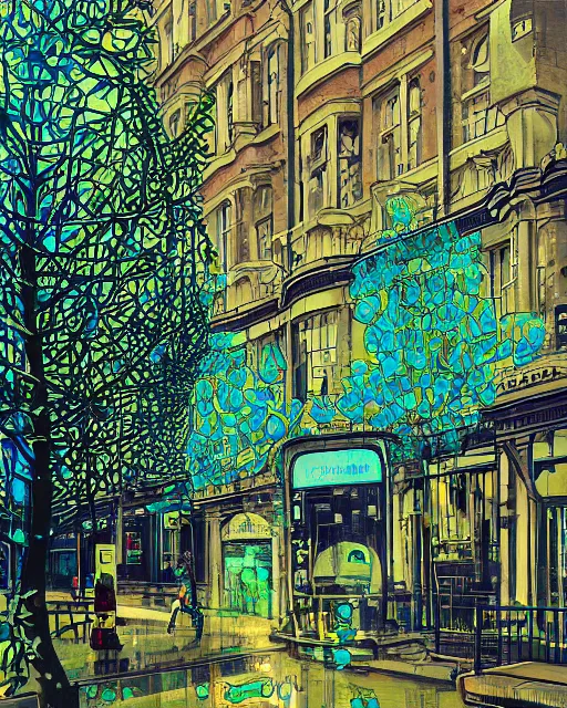 Image similar to london street scene by james jean, green plants, blue light, fine details