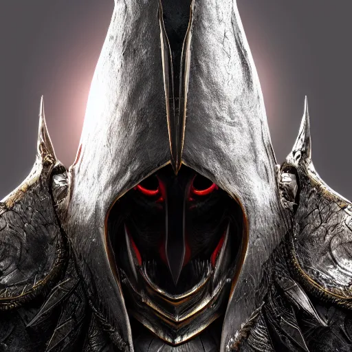 Image similar to a photorealistic 3D render portrait of sauron the dark lord wearing armor made of iron, unreal engine, octane render, cinematic lighting, a sense of evil, hard surface character concept art, dark fantasy character design, hyper realism, high detail, depth of field, stunning cgsociety