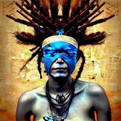 Image similar to A young blindfolded shaman woman with a decorated headband, in the style of heilung, blue hair dreadlocks and wood on her head., made by karol bak