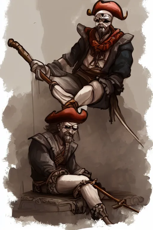 Prompt: aesthetic full body digital illustration of a sad pirate hanging his head and sitting on a prison cot in the style of arcane : 1 | centered, concept art, deviantart : 0. 9