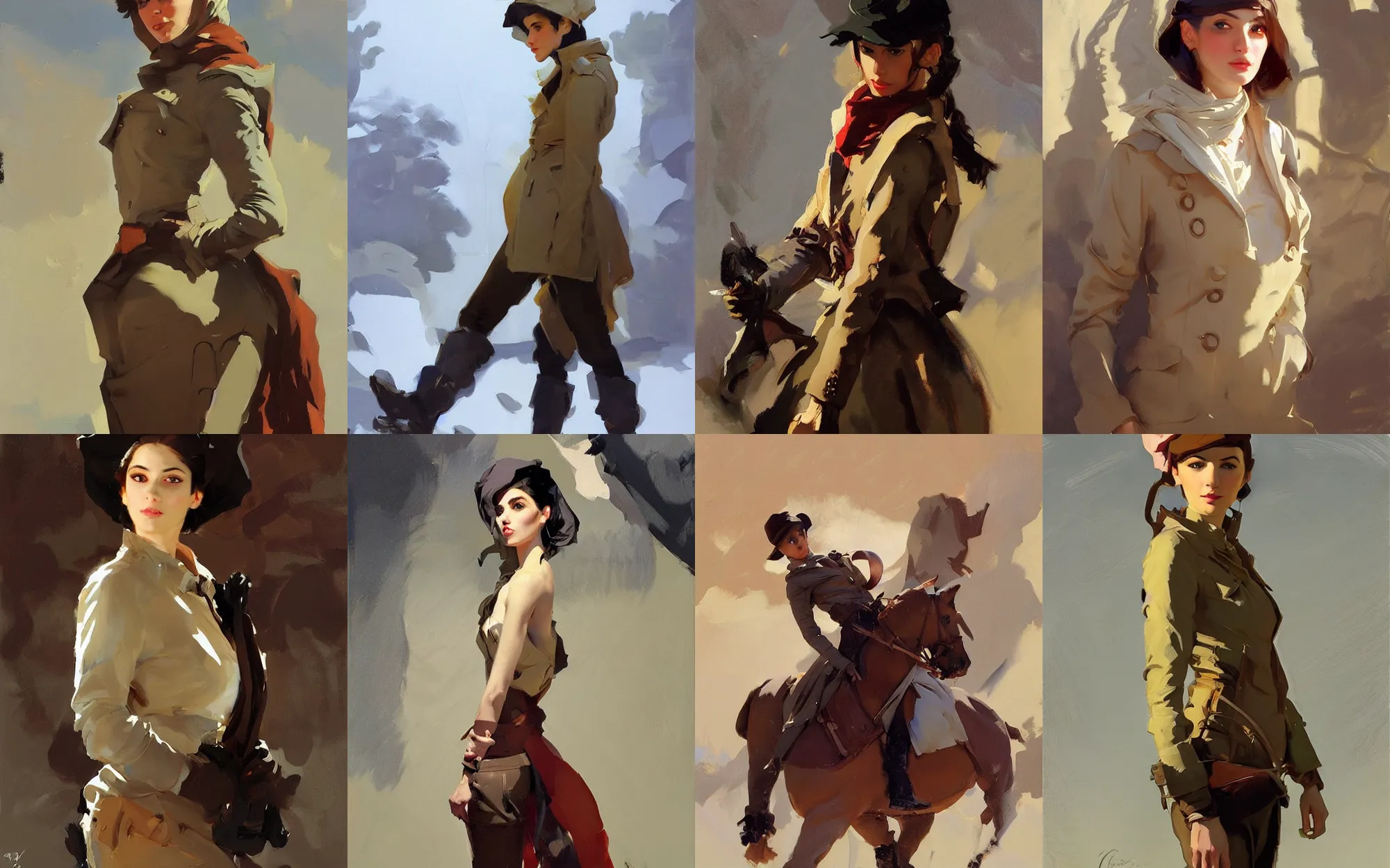 Image similar to portrait of russian iranian model girl jodhpurs winter traveler greg manchess painting by sargent and leyendecker, studio ghibli, fantasy, medium shot, asymmetrical, intricate, elegant, matte painting, illustration, hearthstone, by greg rutkowski, by greg tocchini, by james gilleard, by joe fenton