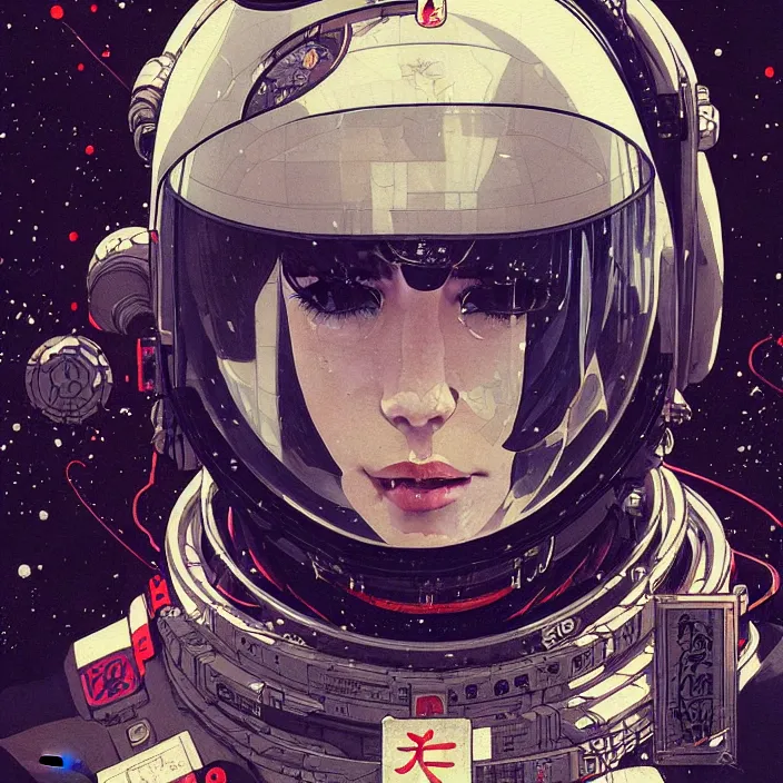 Image similar to a beautiful ukiyo painting of cyberpunk space pilot, wearing space techwear, detailed symmetrical close up portrait, intricate complexity, concept art, by takato yamamoto, wlop, artgem, krenz cushart. cinematic dramatic atmosphere, sharp focus, award winning