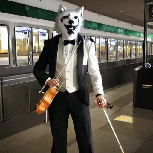 Prompt: a man in a tux wearing a white wolf mask playing the violin at a dirty metro station, unnerving, creepy, terrifying.