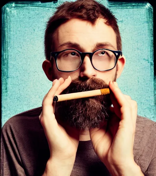 Prompt: color polaroid picture of a hipster man smoking tobacco. diffuse background