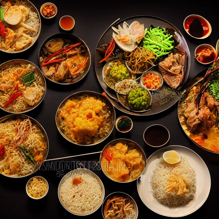 Prompt: close - up focused dslr photograph of an indonesian dinner, 8 k, high detail, volumetric lighting, hyperrealism, aesthetically pleasing, studio lighting, trending