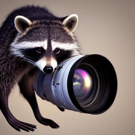 Image similar to a hyperrealistic octane render of a raccoon with a dslr camera for an eye, photorealism, unreal engine, dramatic lighting, volumetric lighting, uplighting